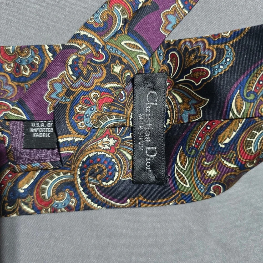 Vintage Christian Dior Monsieur Necktie Mens OS Purple Paisley Silk Accessory